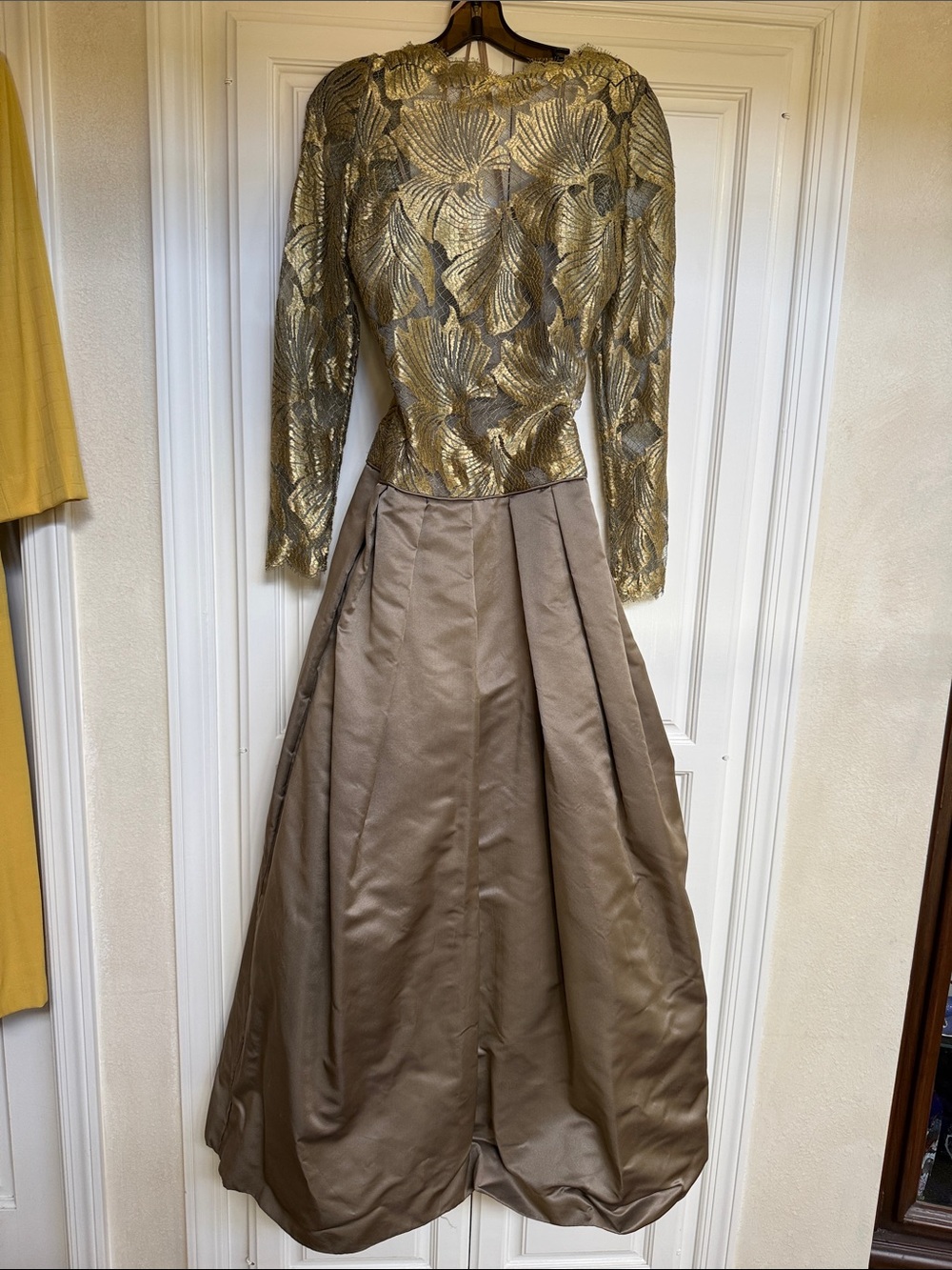 Vintage Gold Leaf Brocade Top with Taupe Maxi Skirt - Formal Two-Piece Set